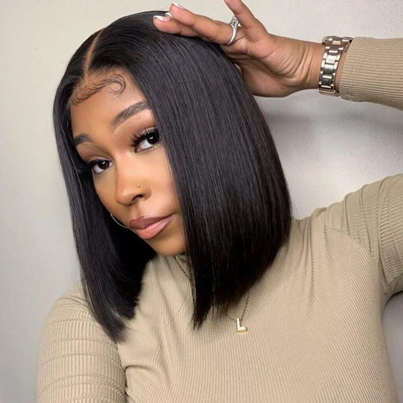 Ash - blonde bob wig for a trendy and cool - toned lookBob Lace Closure wig 4X4 Middle Part Bob Wigs Natural Black 180% Density Human Hair wigs