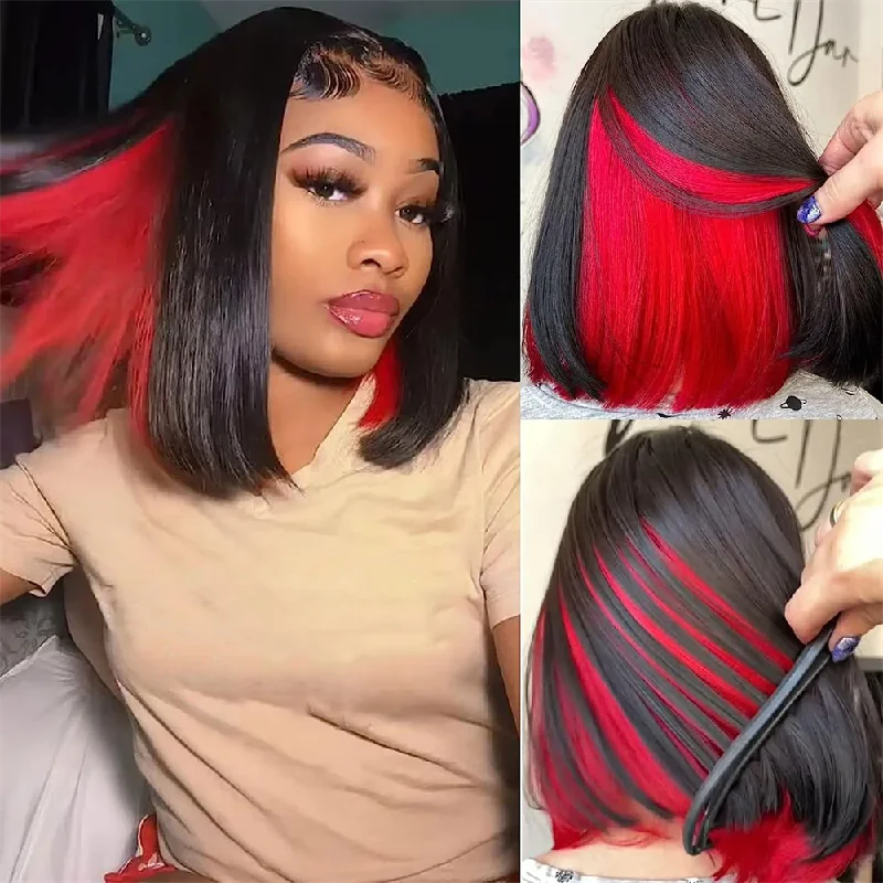 Bob wig with a monofilament cap for a breathable feelPeekaboo Highlights Red Colored Transparent 4x4/13x4 Lace Human Hair Bob Wigs Glueless Human Hair