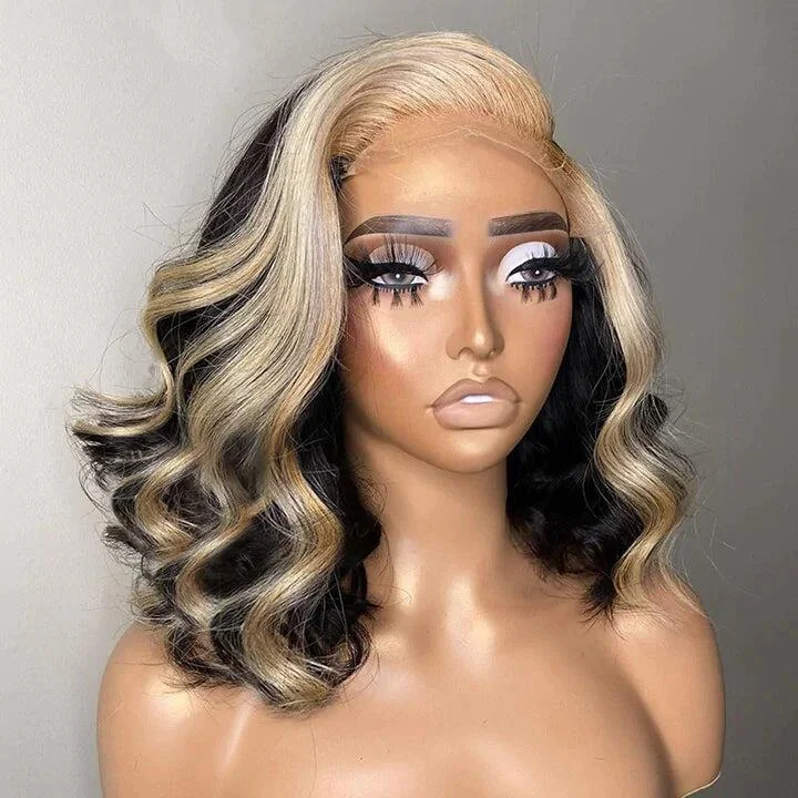 Bob wig with a monofilament cap for a breathable feelShort Style Wave Bob Blonde Skunk Stripe New Highlight Blonde Color 13X4 Transparent Lace Frontal Wig