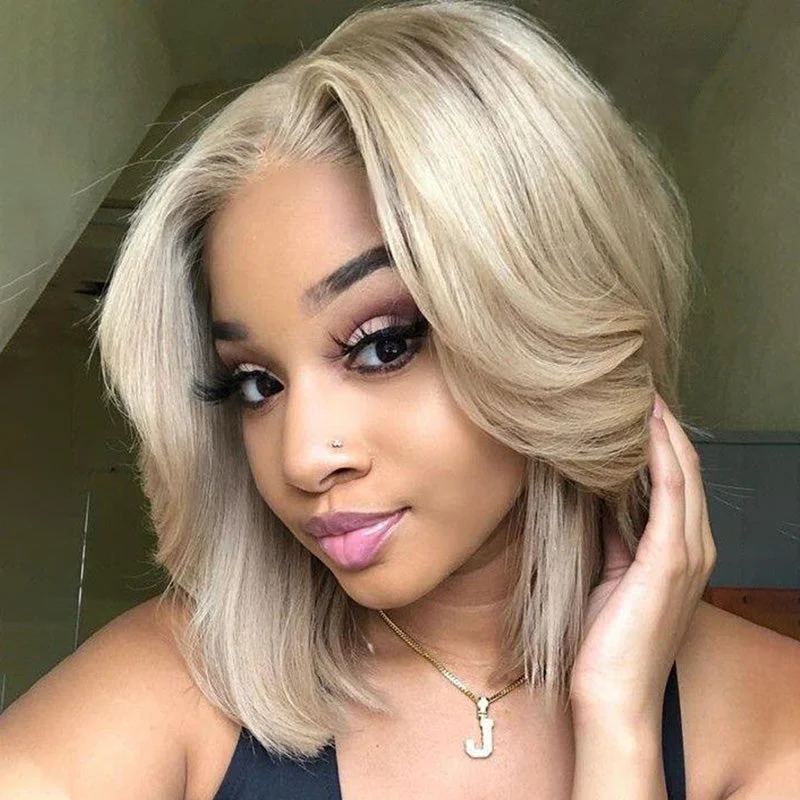 Layered bob wig to add volume and dimension(Super Deal)Ashblonde Invisible Knots Short Bob Wig 13x4 Lace Front Wigs Blonde Wig With Brown Highlights Straight Bob