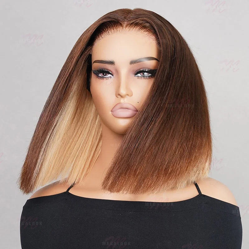 Adjustable - cap bob wig for a comfortable fit(Super Deal) Megalook Minimalist 6 Inch Deep Part #613 Peekaboo Glueless Lace Wig Short Straight Bob Wig 613 Skunk Stripe Chocolate Brown Wig