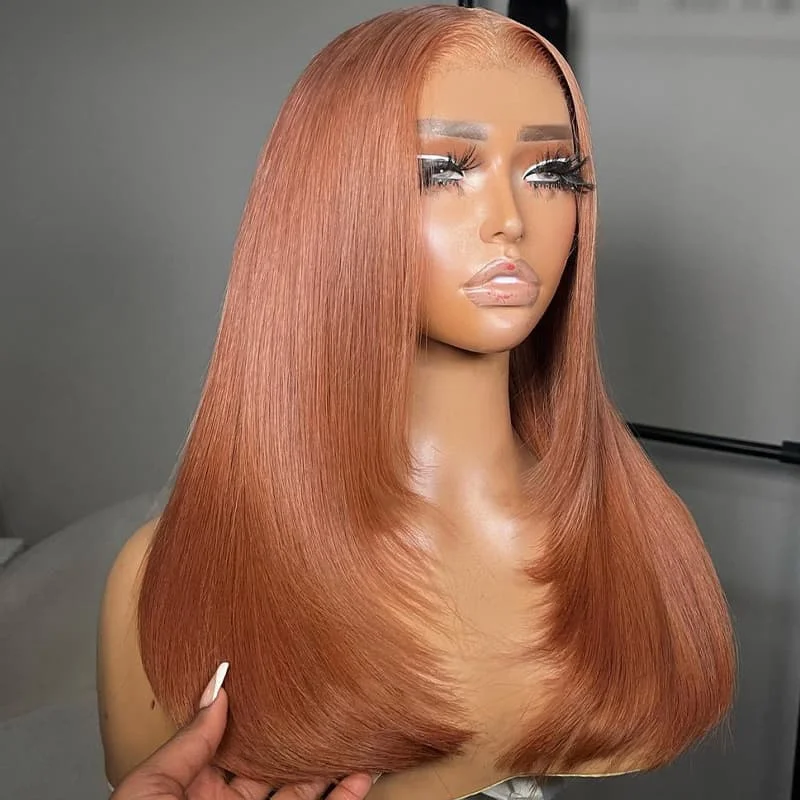 Bob wig with side - swept bangs for a sophisticated look(Super Deal)Megalook Salon-Quality Luxurious Glueless 6X5 HD Lace Wig Silky Straight Dark Burgundy/ Ginger Pink Colored Double Drawn Wig