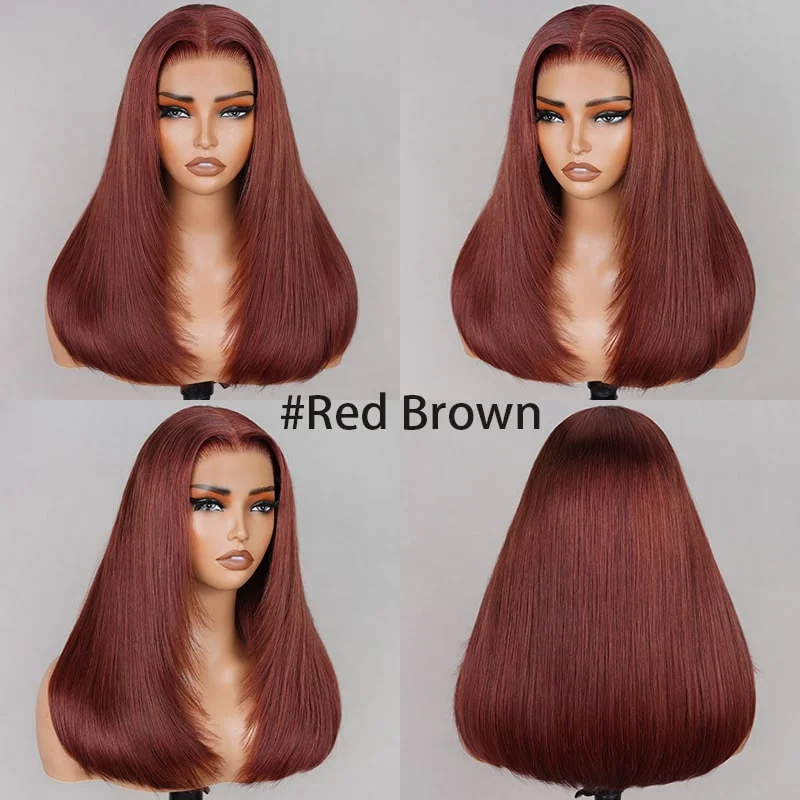 Adjustable - cap bob wig for a comfortable fit(Super Deal)Megalook Salon-Quality Red Brown Luxurious Glueless 6X5 HD Lace Wig Silky Straight Colored Double Drawn Wig