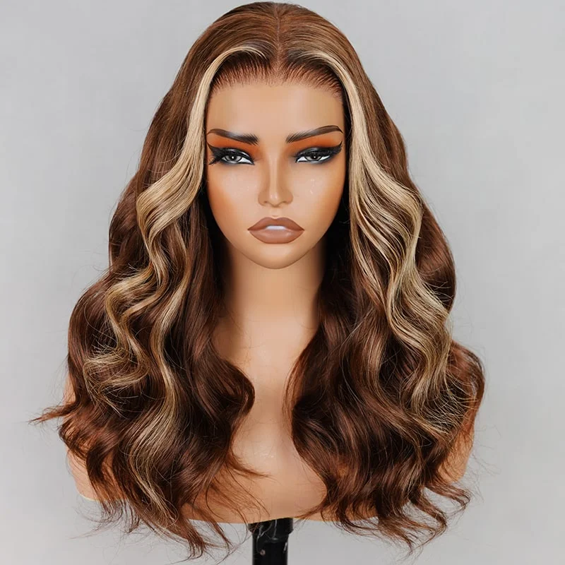 Bob wig in a jet - black color for a classic appearance(Super Deal)Megalook Super Double Drawn Money Piece Highlights 4/27 Lace Closure Wigs 18 inch Salon-Quality Luxurious Glueless 6X5 HD Lace Wig Body Wave Wig