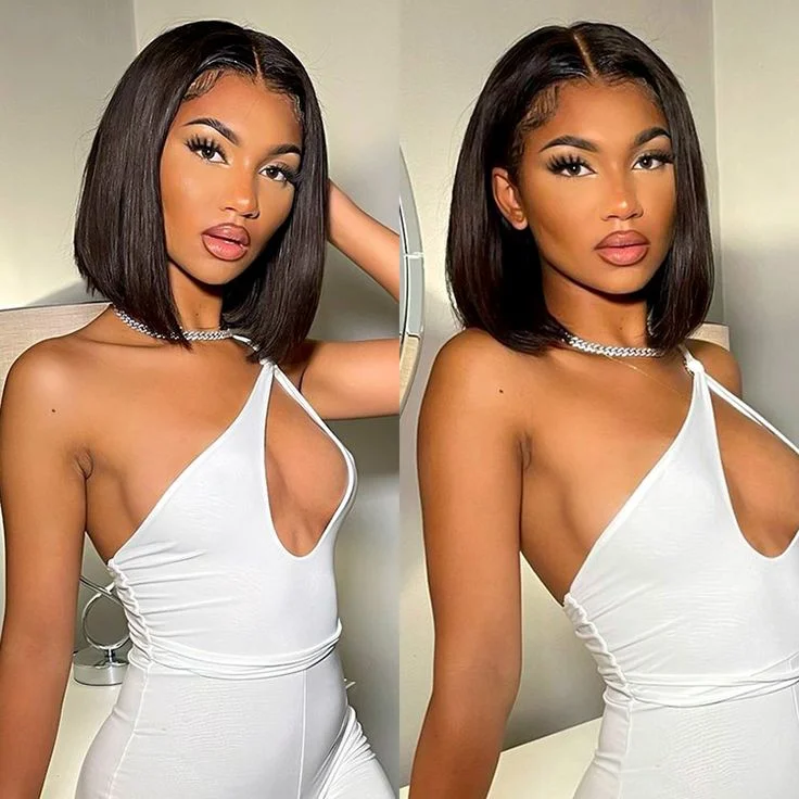 Bob wig with side - swept bangs for a sophisticated look6 inch Deep Part Hairline Gulueless Wear Go Wig LACE BOB WIG SILKY STRAIGHT 150% Density Can Part Anyway