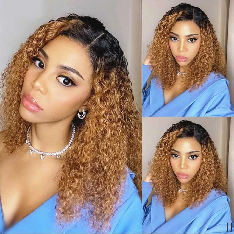 Bob wig with a pre - plucked hairline for a more natural lookMegalook Short Water Wave Curly Bob Wigs Ombre Honey Blonde Lace Frontal Human Hair Wigs