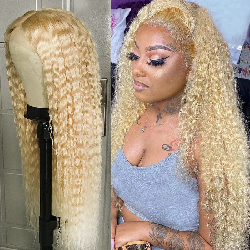 Water wave wig in a jet - black color for a classic appearance613 Honey Blonde Water Wave 13x4 HD Lace Frontal Wig Human Hair For Women