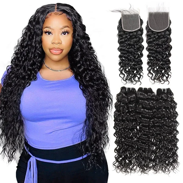 Water wave wig with a wavy fringe for a soft and feminine lookLolly Water Wave Human Hair 3 Bundles with Closure 4x4 5x5 HD Lace Closure and Bundles Deal