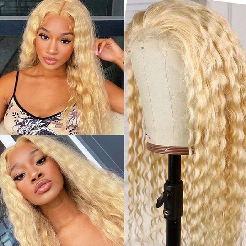 Water wave wig with a side - swept bang for a sophisticated look613 Blonde Water Wave T Part Lace Human Hair Wig For Women