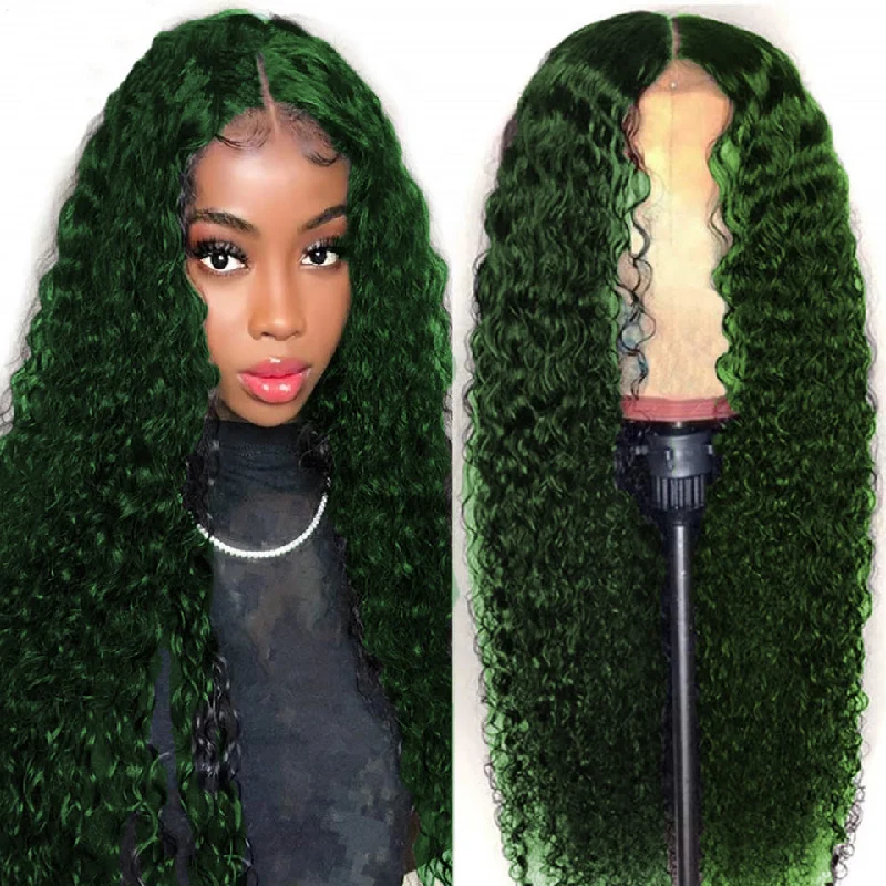 Heat - resistant water wave wig for easy styling at homeDark Green Water Wave Transparent Lace Front Human Hair Wigs For Women