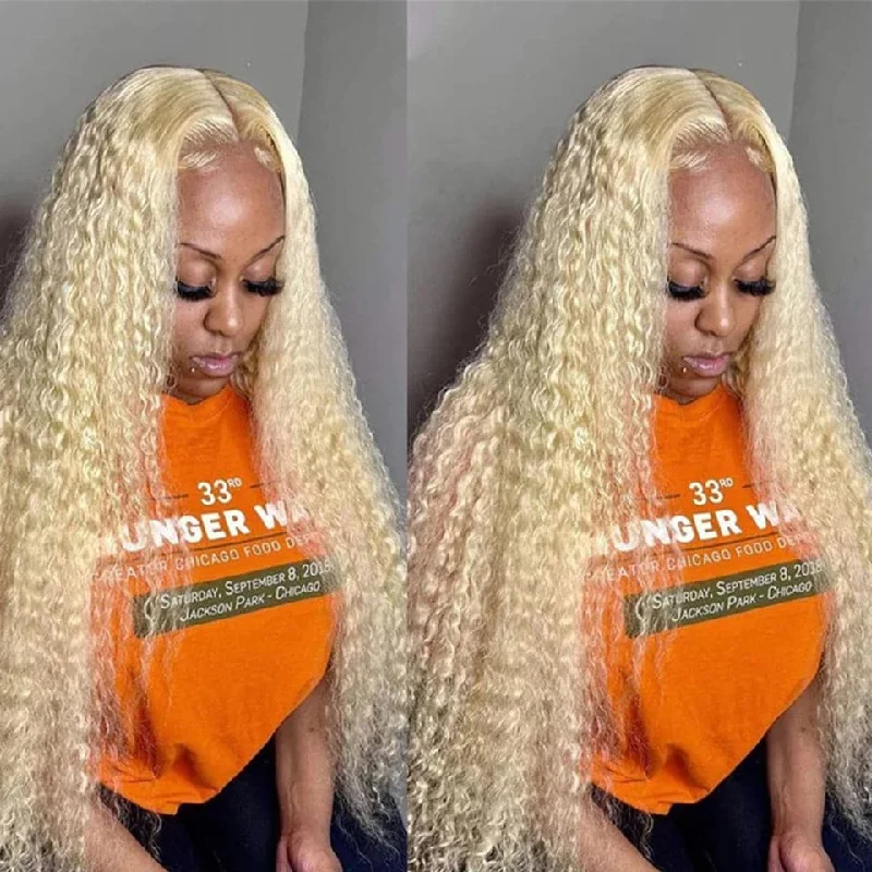 Water wave wig with a middle - part for a classic and elegant styleHoney Blonde 613 Water Wave 4x4 Lace Closure Wig Virgin Human Hair