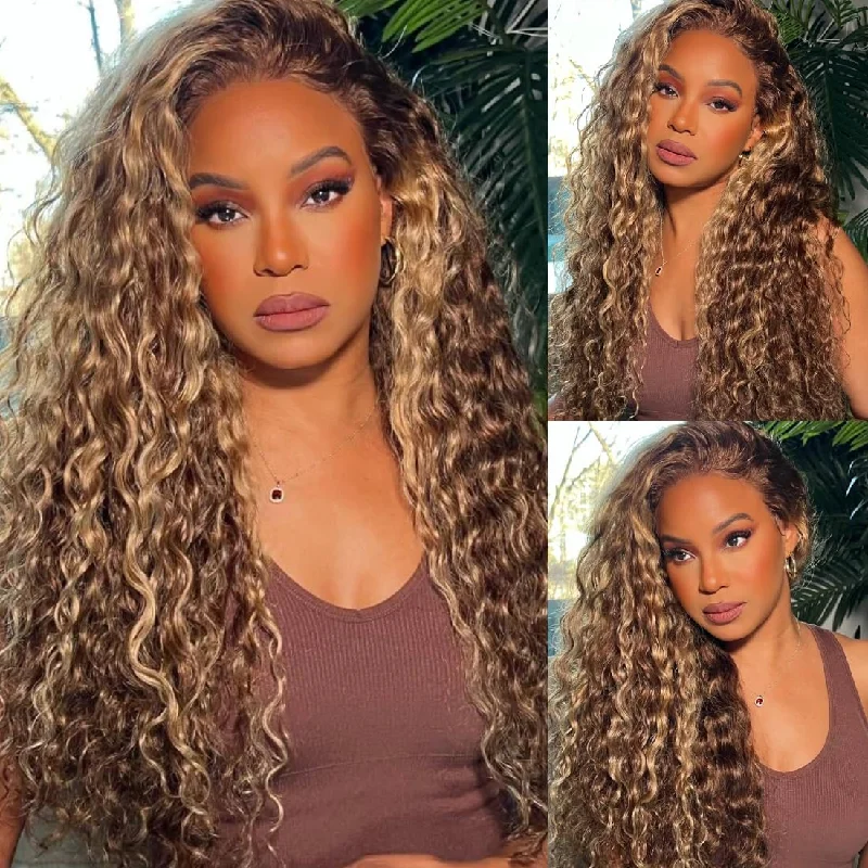 Water wave wig with a natural - looking root for a more realistic lookHoney Blonde Highlight Water Wave 13x4 Lace Front Wigs Human Hair Ombre Curly HD Transparent Lace Frontal Wigs for Women