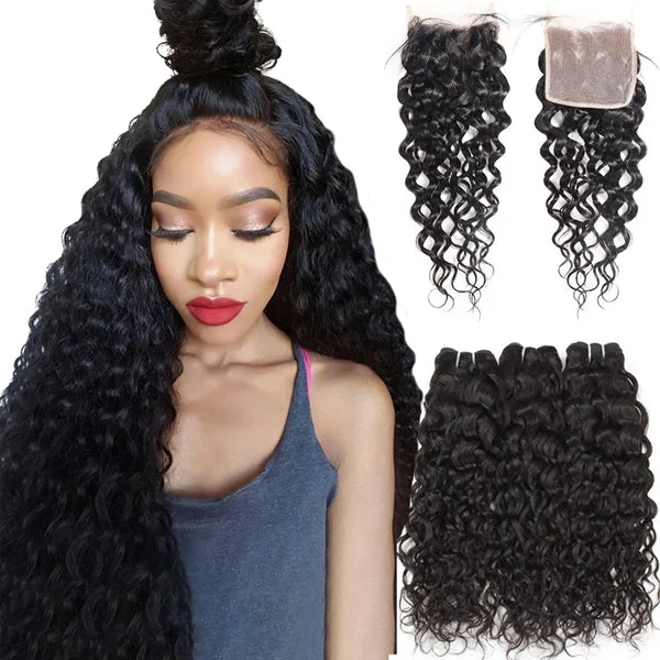 Water wave wig with a natural - looking root for a more realistic lookWater Wave Bundles with Closure Indian Human Hair 3 Bundles with 4x4 HD Lace Closure