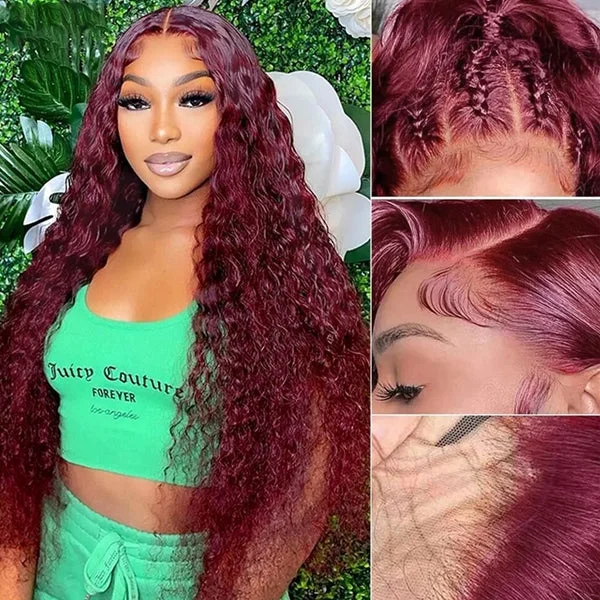 Synthetic water wave wig with a heat - friendly formulaLolly 13x4 Pre plucked Water Wave HD Lace Front Wig 99J Burgundy Wet & Wavy Colored Lace Frontal Human Hair Wigs