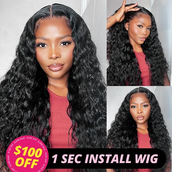 Water wave wig in a jet - black color for a classic appearanceLolly $100 OFF Direct Water Wave Ready to Wear Glueless Wigs 4x4 HD Transparent Lace Closure Wig Human Hair Flash Sale