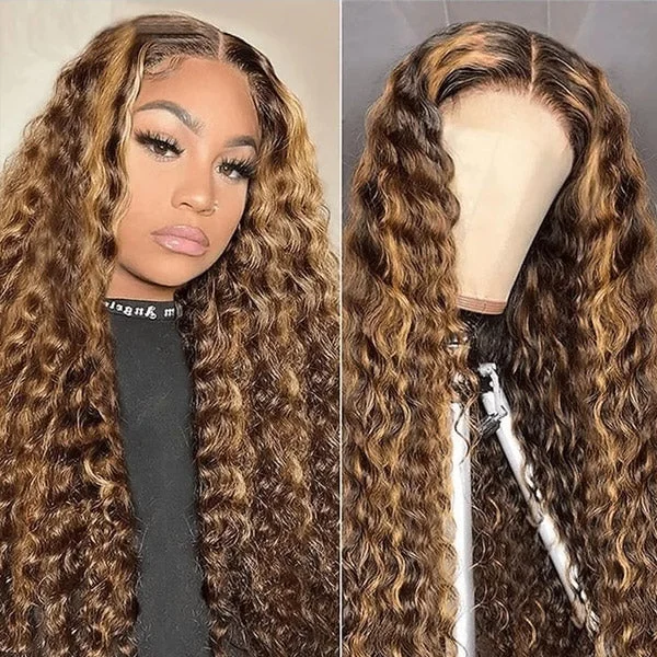 Synthetic water wave wig with a heat - friendly formulaLumiere P4/30 Highlighted Water Wave Wig 13x4 Lace Front Wigs Honey Blonde Human Hair Wigs