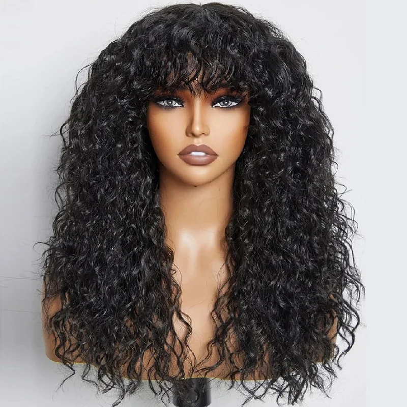 Water wave wig with a curly fringe for a playful and youthful vibeLumiere Water wave Wig with Bangs Brazilian Virgin Glueless Human Hair Machine Made None Lace Wigs for Black Women HDZ