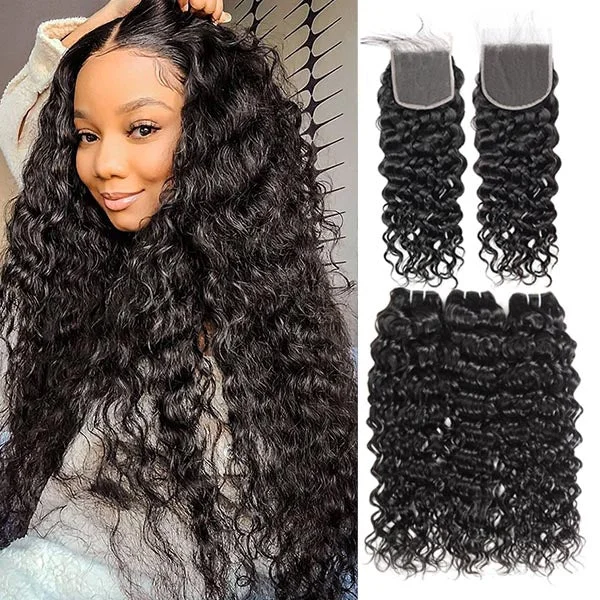 Water wave wig with a pre - bleached knot for a natural - looking scalpMalaysian Water Wave Bundles with Closure Wet and Wavy 3 Bundles with Closure Human Hair Weave