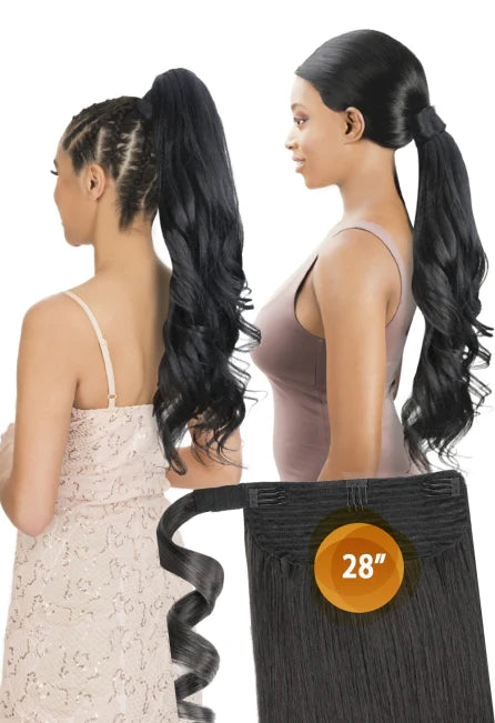 Human hair ponytails with a natural shine for a luxurious lookNew Born Free Warp N Tail - Natural Perm Yaki Wavy 28" - PWPY28