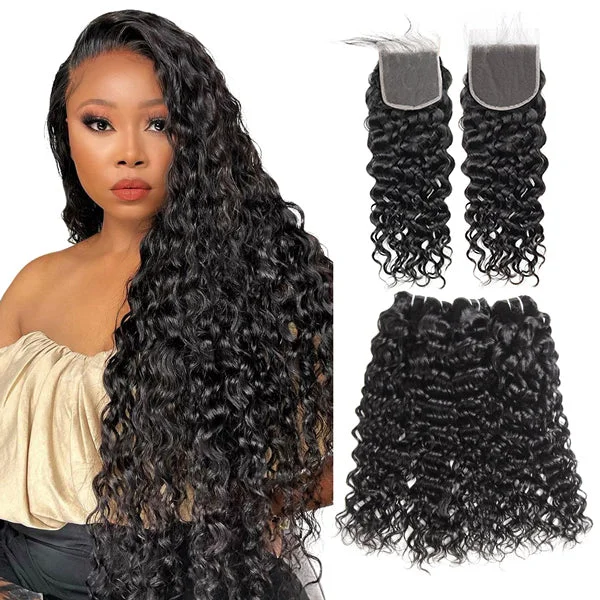 Synthetic water wave wig with a heat - friendly formulaSpanish Water Wave Hair Bundles with Closure 4 Bundles with Closure