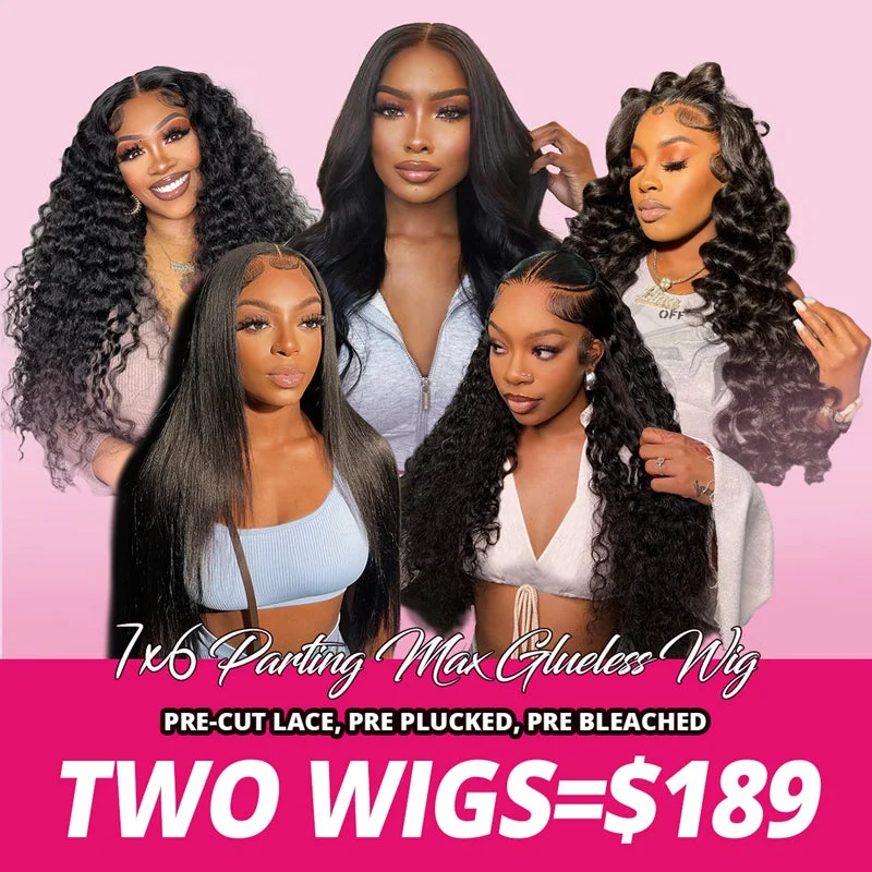 Lace - front water wave wig for a seamless hairlineTwo Wigs = $189 Glueless 7x6 PartingMax Frontal Wigs All Designs Pre Cut Pre Plucked Pre Bleached Knots Human Hair Lace Wigs Flash Sale