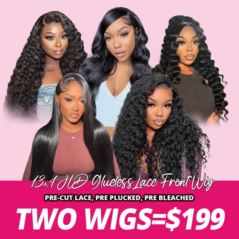 Water wave wig with a curly fringe for a playful and youthful vibeTwo Wigs = $199 All Designs Glueless 13x4 HD Lace Front Wigs Pre Plucked Pre Bleached Knots Human Hair Wigs Flash Sale