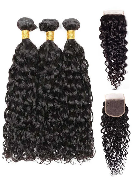 Water wave wig with a 150 - density for a full and thick appearanceWater Wave 3 Bundles With 4*4 Lace Closure 10A Brazilian Human Hair Weave