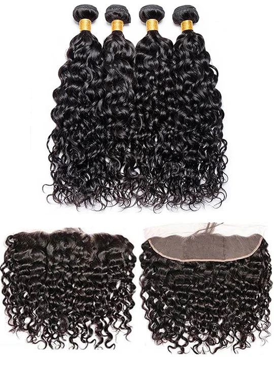 Adjustable - cap water wave wig for a comfortable fitWater Wave 3 Bundles with 13*4 HD Lace Frontal 10A Brazilian Human Hair Weave