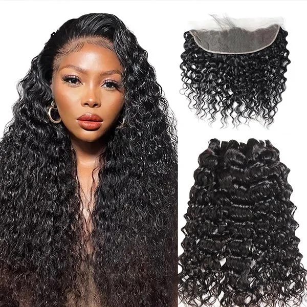 Long - length water wave wig with a natural - looking textureWater Wave Bundles with Frontal Brazilian Wet and Wavy Curly Remy Human Hair Bundles with Frontal Closure