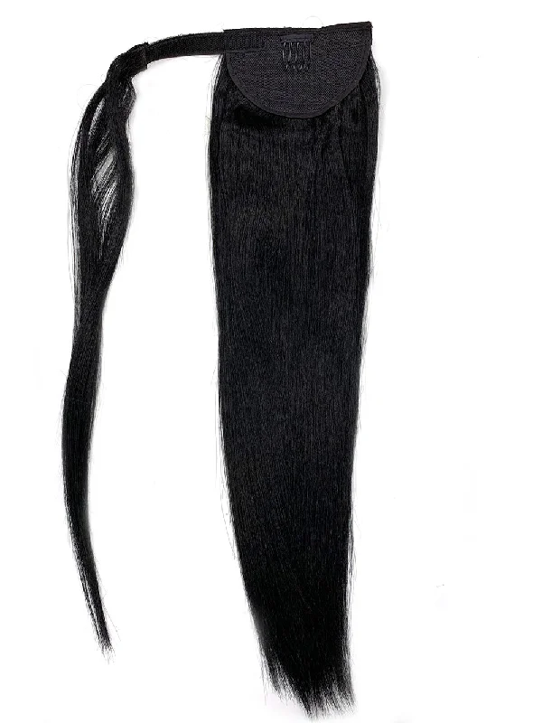 Braided ponytails with intricate patterns for an ethnic - inspired lookWrap Around 100% Human Hair Ponytail in Yaki Perm Straight 22" - Xtra Thick