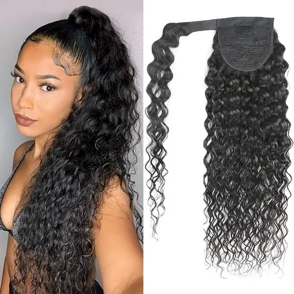 Water wave wig with a honey - blonde color for a warm and sunny appearanceWrap Around Water Wave Human Hair Clip In Ponytail Extensions for Black Women