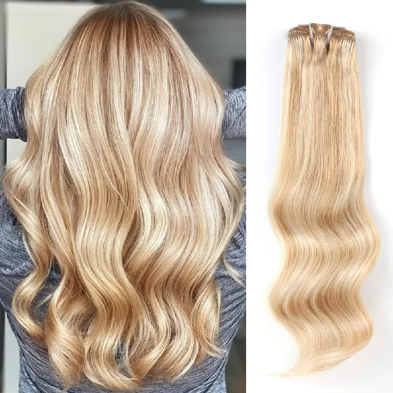 Clip - in hair extensions with a wispy fringe for a soft and feminine look105G Highlights 20P/60# Clip in Hair Extensions