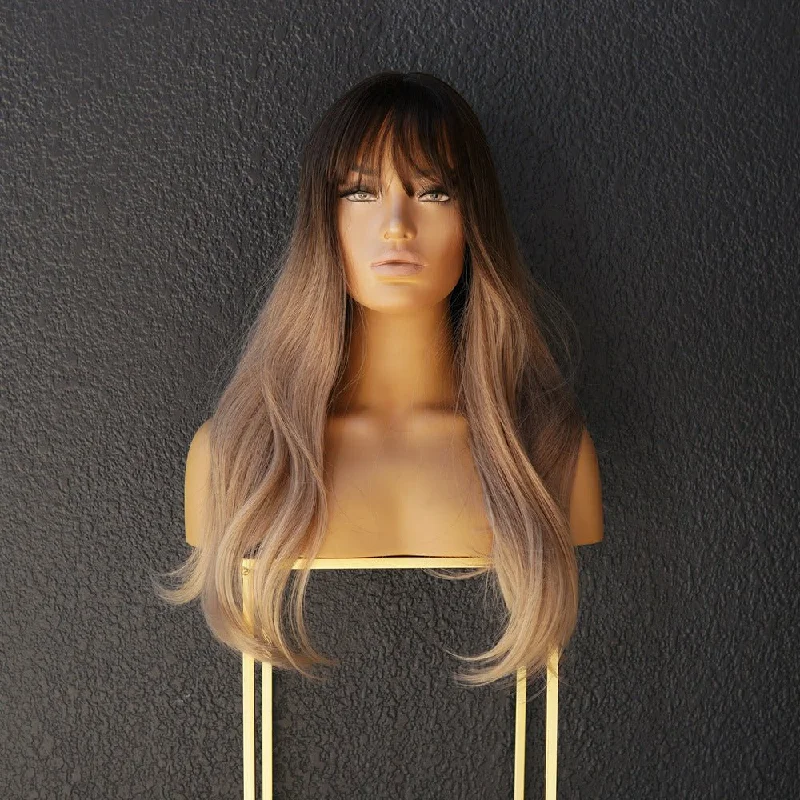 Wavy wig with a water - wave texture for a unique and stylish choiceADDISON Ombre Brown Fringe Wig