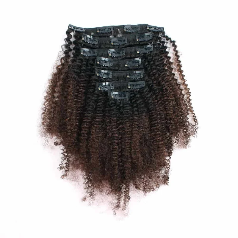 Clip - in hair extensions with a middle - part for a classic and elegant styleAfro Kinky Curly Ombre Natural Black to Chocolate Brown 16 Inch