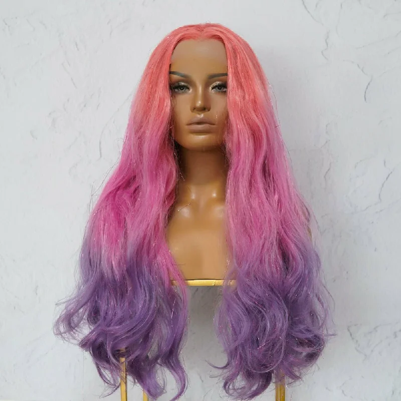 Wavy wig with a pre - bleached knot for a natural - looking scalpAMBER Tinsel Glitter Ombre Lace Front Wig