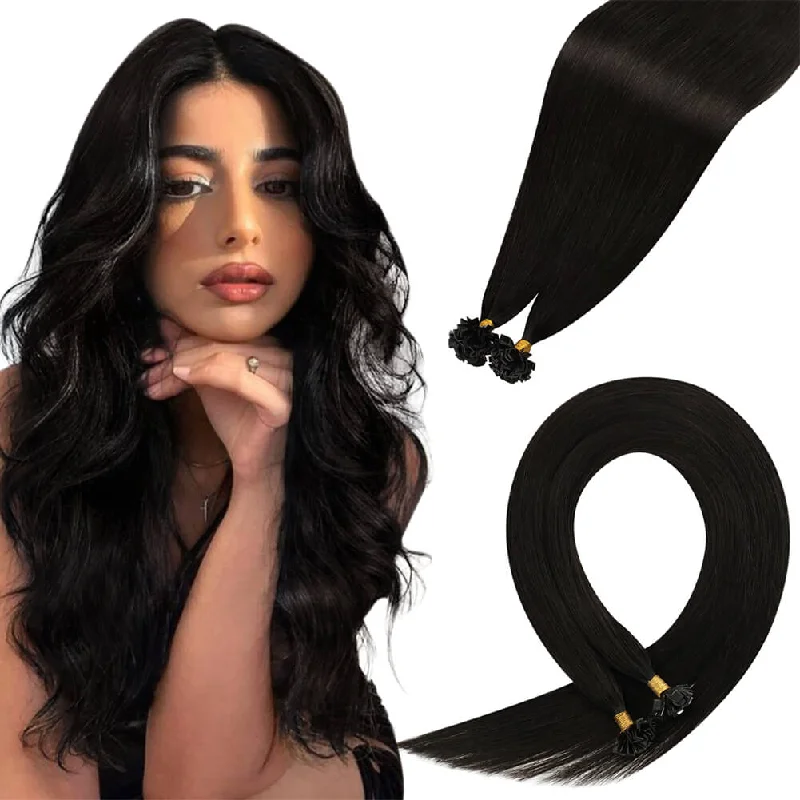 Clip - in hair extensions with a wavy texture for a beachy and relaxed look[U-Tip Upgrade] Virgin K Tip Keratin Hair Extensions Real Human Hair Natural Black #1b