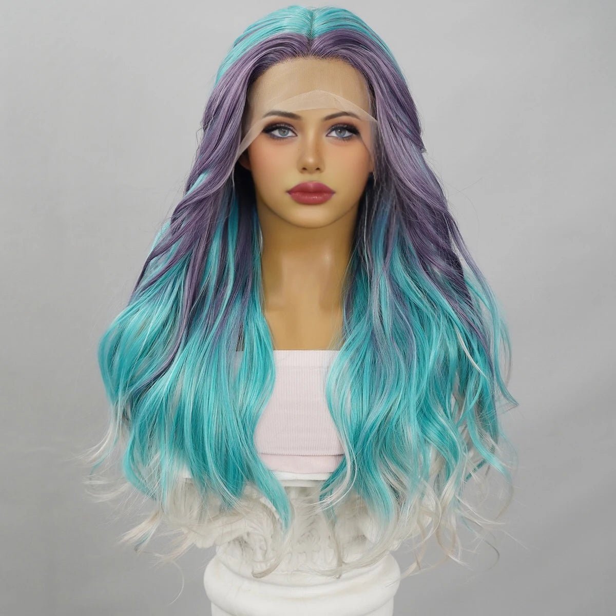 Wavy wig with a pre - styled curl pattern for convenienceBlue Gradient Lace Front Wig