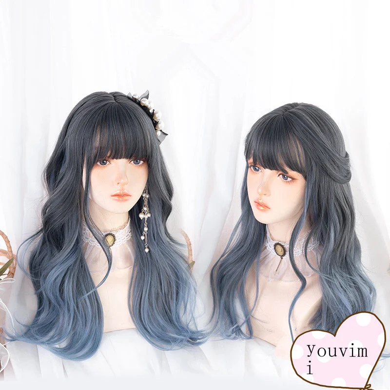 Curly wig with a 220 - density for an extra - full appearanceBlue gray gradient long curly wig yv30327