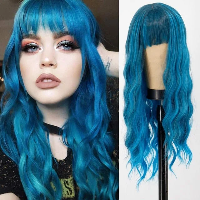 Synthetic wavy wig with a heat - friendly formulaBlue Long Wavy Synthetic Wig