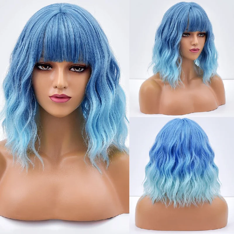 Synthetic wavy wig with a heat - friendly formulaBlue Mint Green Synthetic Wig With Bangs