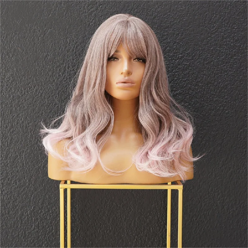 Wavy wig with auburn undertones for a unique and eye - catching colorBLUSH Pink Ombre Fringe Wig