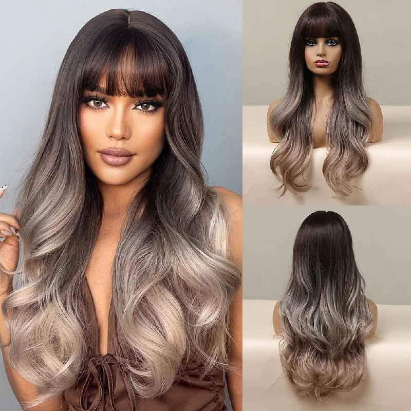 Wavy wig with a pre - bleached knot for a natural - looking scalpBrowm Grey Colored Long Wavy Synthetic Wigs