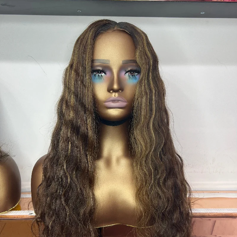 Adjustable - cap water wave wig for a comfortable fitBrown Balayage - 22" inch Ocean Wave Frontal Lace Wig - Lace Cut EX-DISPLAY (£140 off)