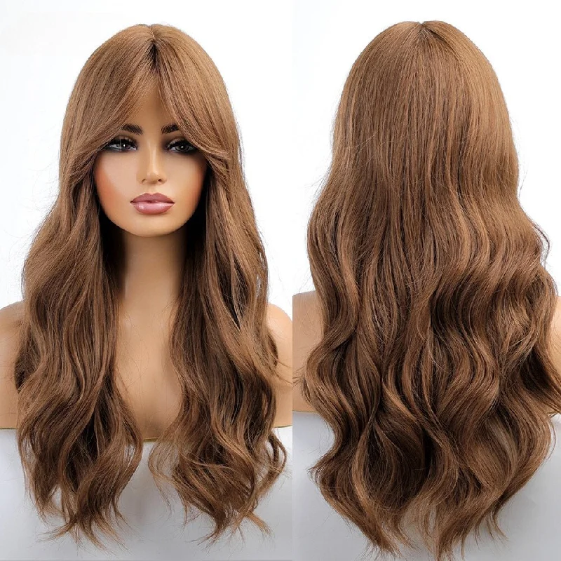 Wavy wig with a middle - part for a classic and elegant styleBrown Long Wavy Synthetic Wig