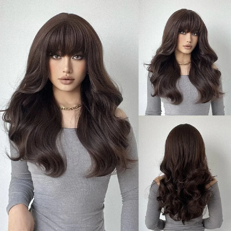 Synthetic wavy wig with a heat - friendly formulaBrown Long Wavy with Bangs Synthetic Wig