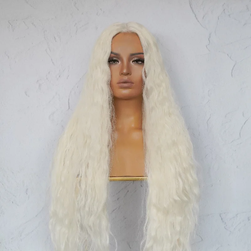 Wavy wig with a silk - base cap for a comfortable and smooth feelCARDI 40" White Platinum Blonde Lace Front Wig