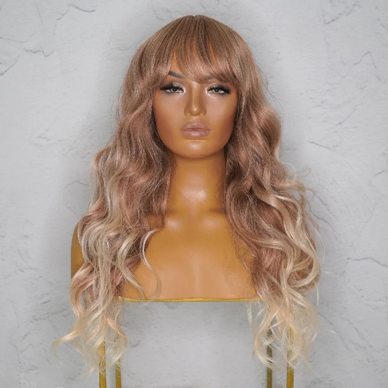 Human - hair wavy wig for a natural and luxurious feelCARRIE Blonde Ombre Fringe Wig