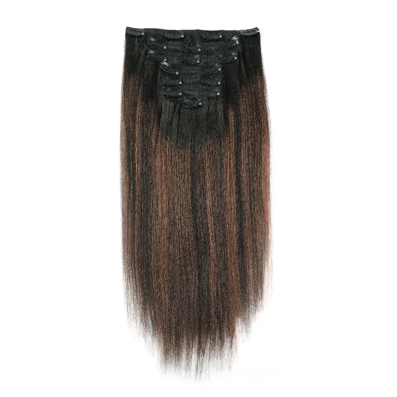 Synthetic clip - in hair extensions with a heat - resistant formula for easy stylingClip in Hair Extension Yaki Straight 1BT1BP4#