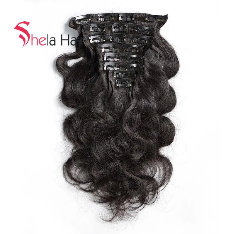 Clip - in hair extensions with a curly texture for a bold and stylish choiceClip In Human Hair Extensions Body Wave 120G Natural Color 8 Pieces/Set