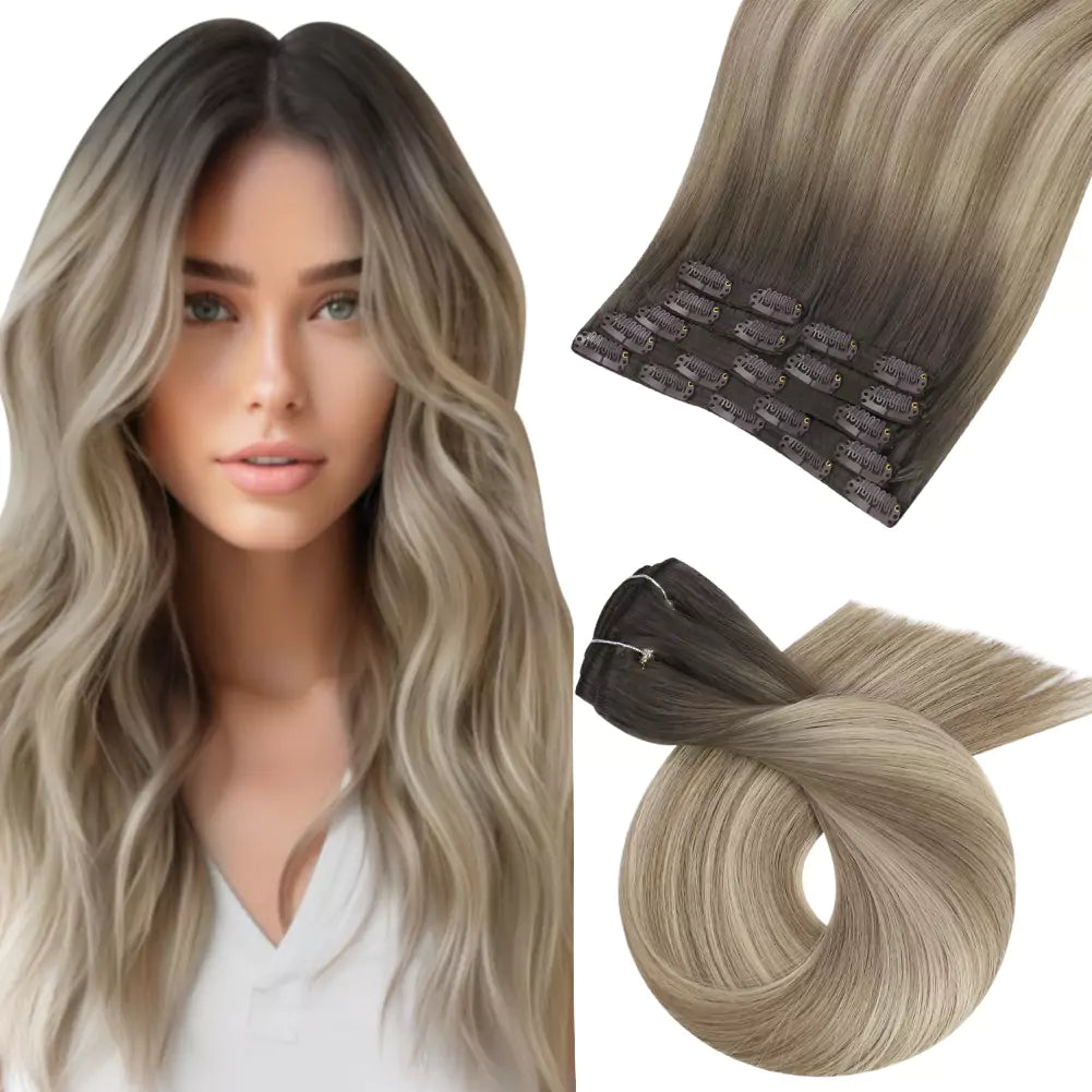 Synthetic clip - in hair extensions with a heat - resistant formula for easy styling[Sale]Clip in Extensions Virgin Human Hair High Quality Balayage Blonde Mix Brown #5/7/20